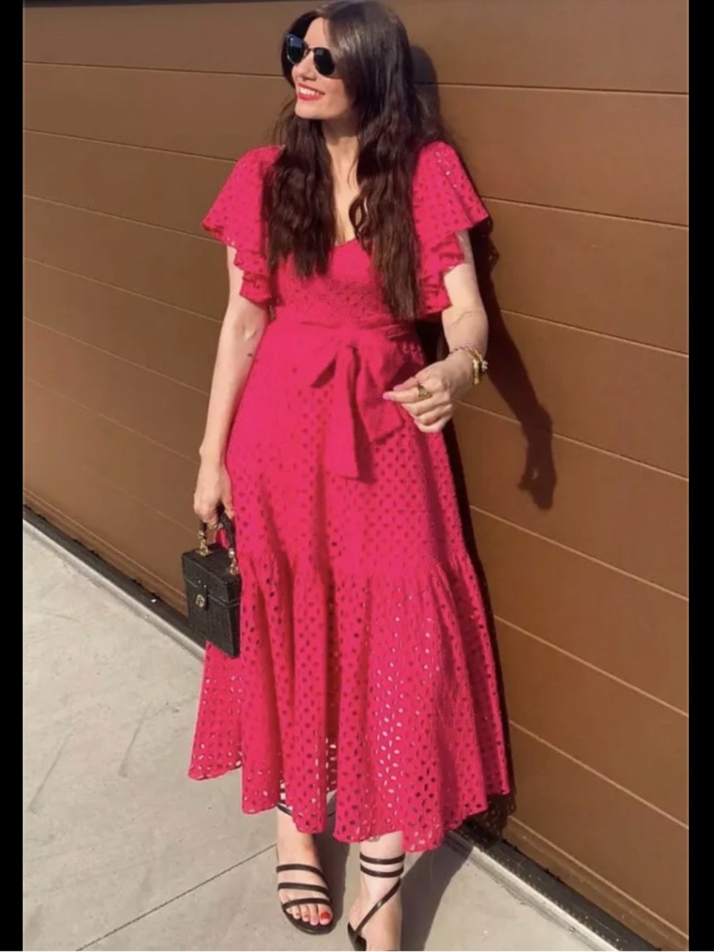 ZARA Hot Pink Eyelet Midi Ruffle Tier Dress Size Small Blogger Favorite